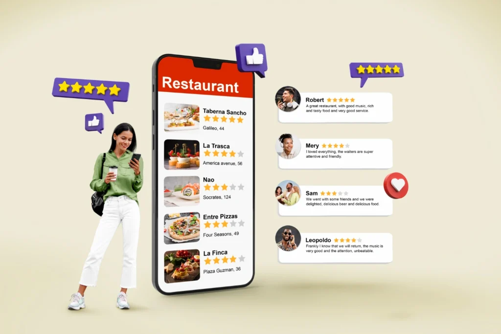Référencement local en Aveyron : la clé de la réussite ! 1 Illustration graphique d'avis clients positifs sur un smartphone pour le référencement local